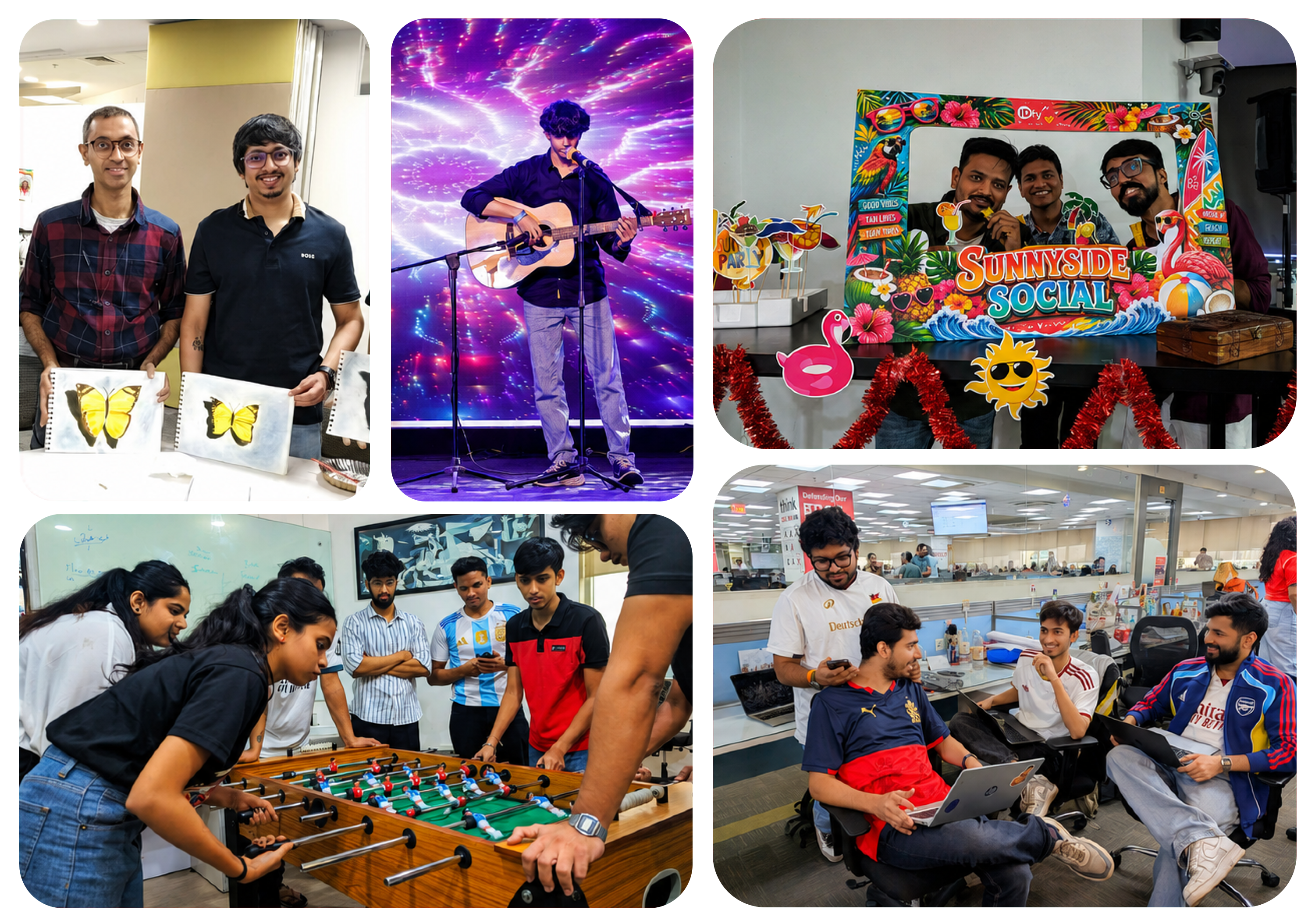 Life at IDfy — a collage of team moments: sketching together, a live music performance, the Sunnyside Social photo booth, a foosball match, and colleagues in team jerseys at their desks