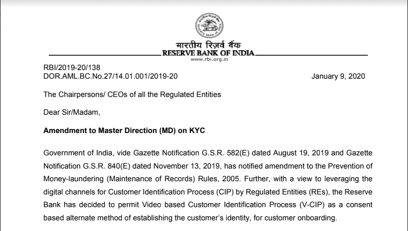 RBI's notification on new Video KYC guidelines
